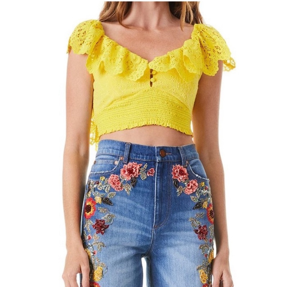Alice + Olivia Bleeker Ruffled Lace Crop Top Sunbeam Yellow Smocked